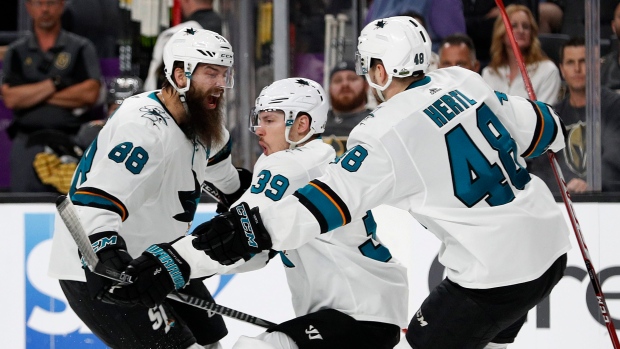San Jose Sharks celebrate, The Canadian Press San Jose Sharks celebrate