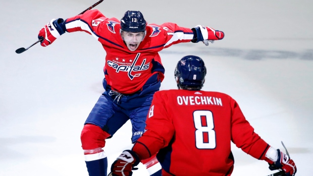 Jakub Vrana, Alex Ovechkin celebrate