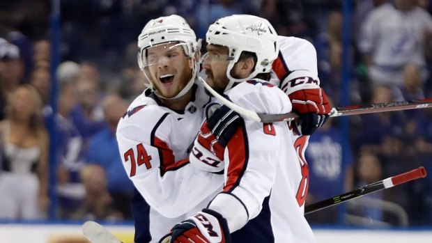 John Carlson and Alex Ovechkin celebrate