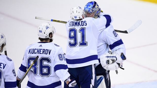 Lightning celebrate win , The Canadian Press Lightning celebrate win