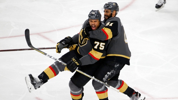 Ryan Reaves and Pierre-Edouard Bellemare celebrate goal