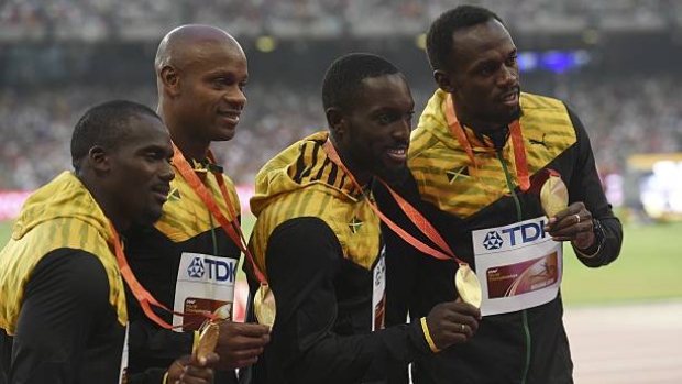 Nesta Carter, Asafa Powell, Nickel Ashmeade and Usain Bolt