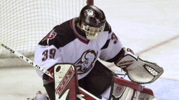 Goalie Dominik Hasek of the Buffalo Sabres warms-up before an NHL News  Photo - Getty Images