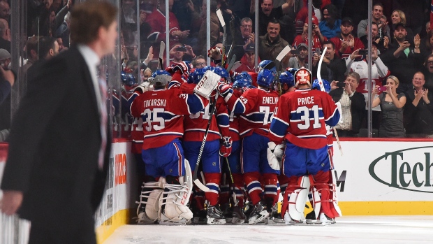 Canadiens celebrate, Francois Lacasse/NHLI via Getty Images Canadiens celebrate