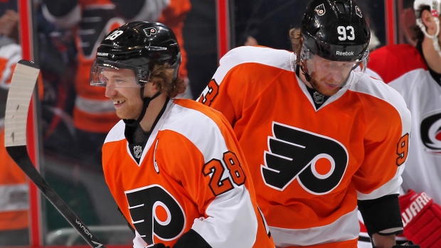 Raffl, Giroux and Voracek, Len Redkoles/NHLI via Getty Images Raffl, Giroux and Voracek