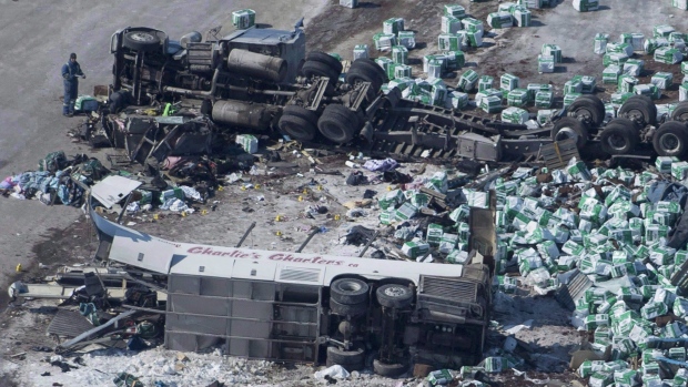 The wreckage of the fatal bus crash involving the Humboldt Broncos 