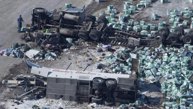 The wreckage of the fatal bus crash involving the Humboldt Broncos , The Canadian Press The wreckage of the fatal bus crash involving the Humboldt Broncos