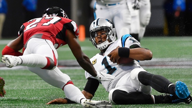 Damontae Kazee helmet-to-helmet hit on Cam Newton, The Canadian Press Damontae Kazee helmet-to-helmet hit on Cam Newton