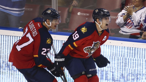 Bjugstad, Upshall celebrate, The Canadian Press Bjugstad, Upshall celebrate