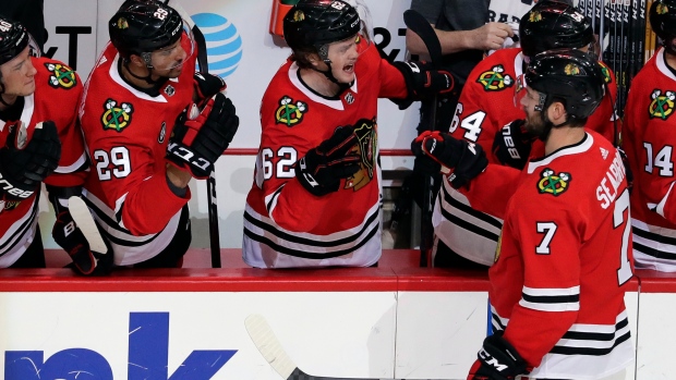 Chicago Blackhawks celebrate , The Canadian Press Chicago Blackhawks celebrate
