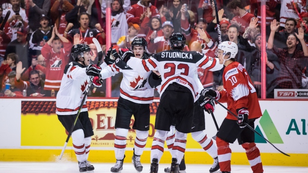 Shane Bowers, Mackenzie Entwistle and Jack Studnicka celebrate Entwistle's goal , The Canadian Press Shane Bowers, Mackenzie Entwistle and Jack Studnicka celebrate Entwistle's goal