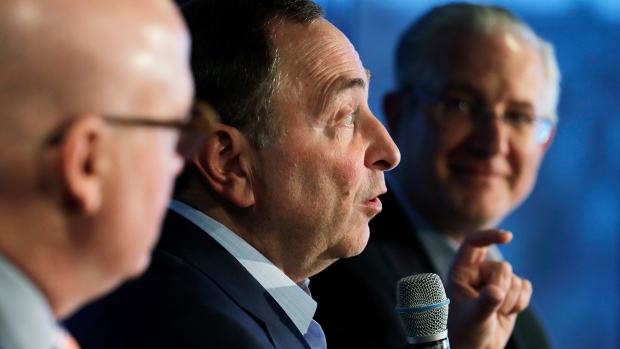 Bill Daly, Gary Bettman, Tod Leiweke, The Canadian Press Bill Daly, Gary Bettman, Tod Leiweke