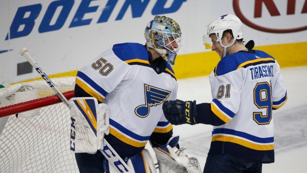 Jordan Binnington and Vladimir Tarasenko