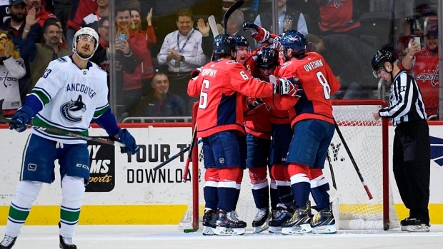 T.J. Oshie, Capitals players celebrate, The Canadian Press T.J. Oshie, Capitals players celebrate