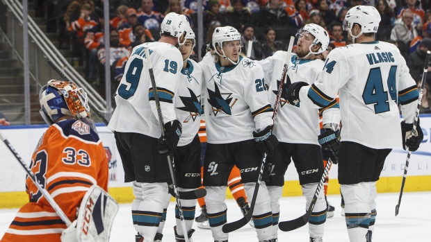 San Jose Sharks celebrate, The Canadian Press San Jose Sharks celebrate