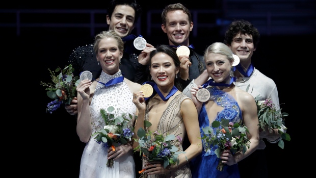 From Left: Kaitlyn Weaver Andrew Poje Madison Chock Evan Bates Piper Gilles Paul Poirier