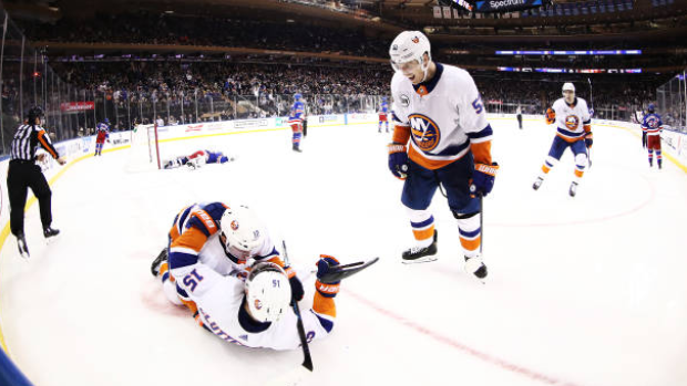 Islanders celebrate vs. Rangers