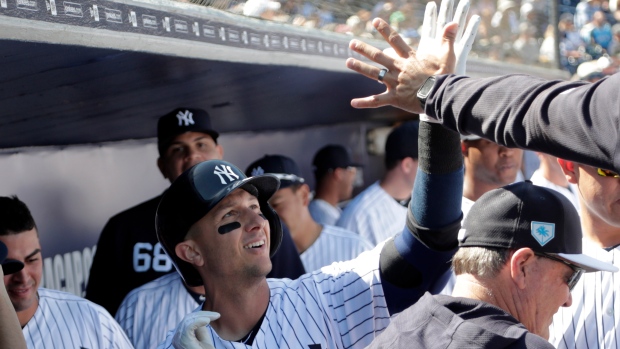 Yankee Troy Tulowitzki celebrates his home run against the Blue Jays on Monday.
