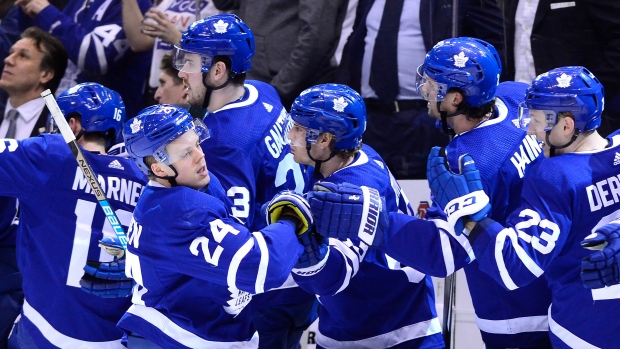 The Maple Leafs celebrate Monday against the Sabres.