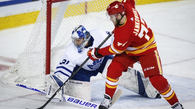 Frederik Andersen makes a save on Mark Jankowski.