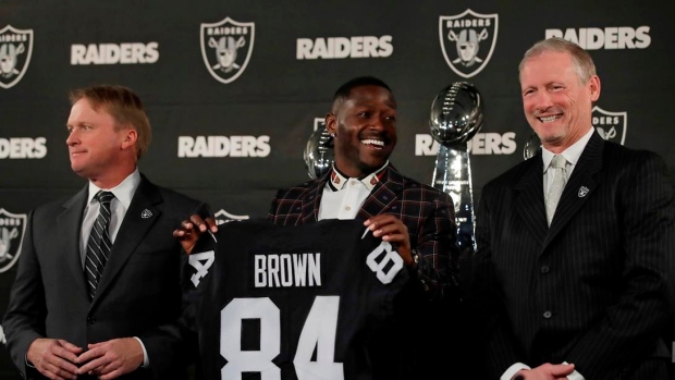 Jon Gruden, Antonio Brown and Mike Mayock