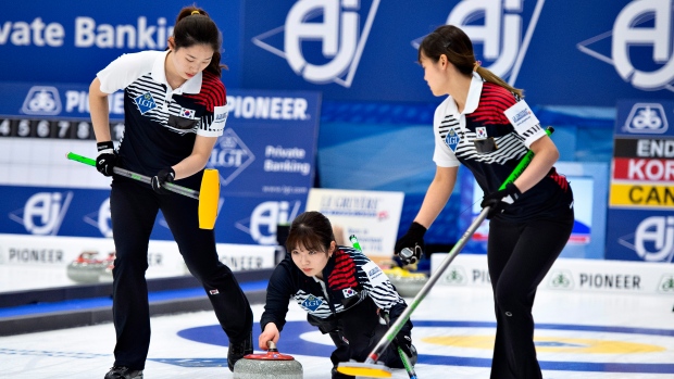 Korean players in action in their World Women's Curling Championship, The Canadian Press Korean players in action in their World Women's Curling Championship