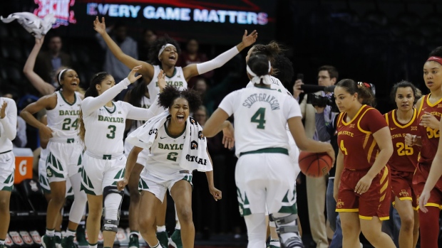 Baylor celebrates after defeating Iowa State during the Big 12bconference tournament championship