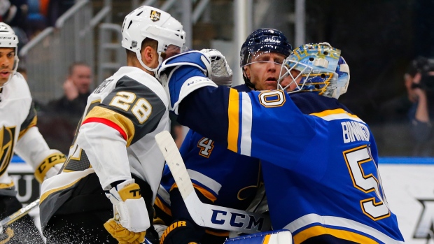 Jordan Binnington, William Carrier and Carl Gunnarsson 