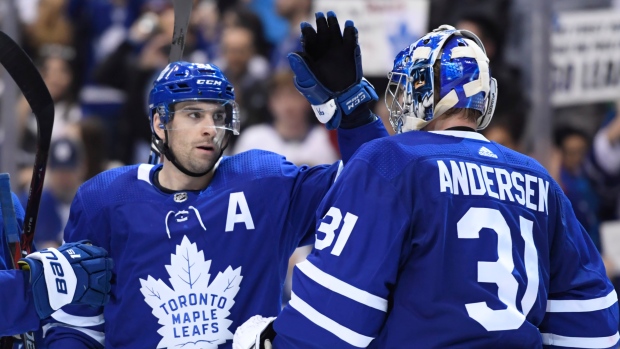 John Tavares and Frederik Andersen