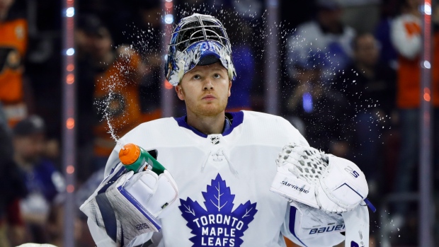 Frederik Andersen cools off after giving up a goal to Radko Gudas on Wednesday.