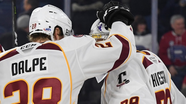 Cleveland Monsters celebrate , Tiwtter/@monstershockey Cleveland Monsters celebrate