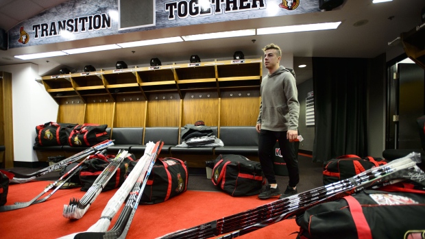 Jean-Gabriel Pageau takes part in Senators locker clean-out day on Monday. Jean-Gabriel Pageau takes part in Senators locker clean-out day on Monday.
