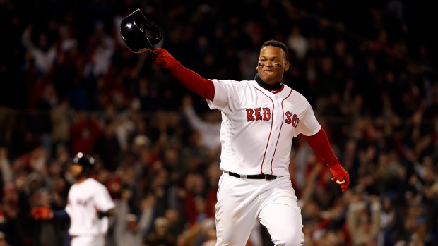 Rafael Devers celebrates 