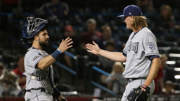 Trey Wingenter, right, and catcher Austin Hedges
