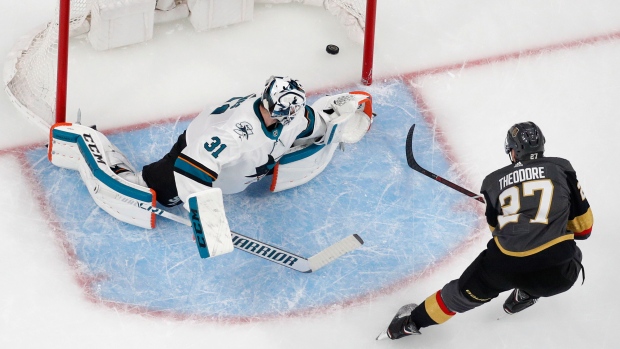 Shea Theodore scores on Martin Jones, The Canadian Press Shea Theodore scores on Martin Jones