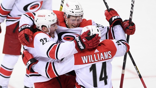 Brock McGinn Justin Williams Brett Pesce, The Canadian Press Brock McGinn Justin Williams Brett Pesce