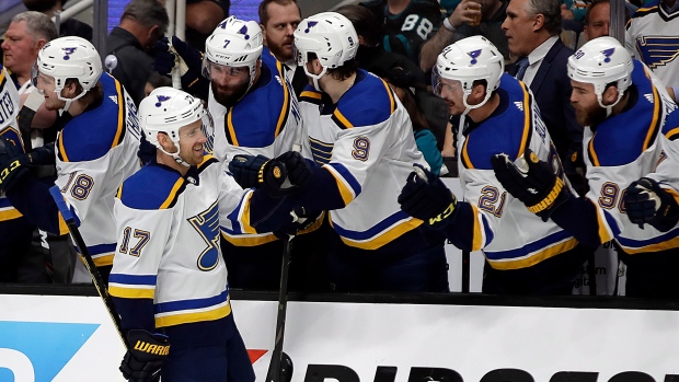 Jaden Schwartz celebrates his goal with teammates Monday in San Jose., The Canadian Press Jaden Schwartz celebrates his goal with teammates Monday in San Jose.