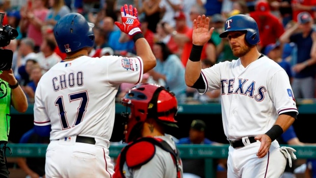 Shin-Soo Choo and Jeff Mathis celebrate , The Canadian Press Shin-Soo Choo and Jeff Mathis celebrate