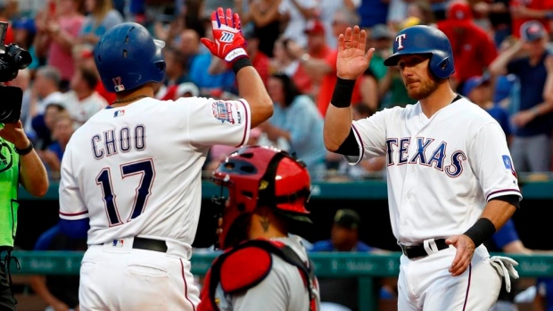 Shin-Soo Choo and Jeff Mathis celebrate 