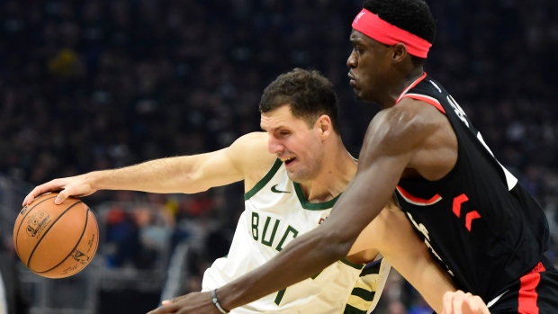 Pascal Siakam defends against Nikola Mirotic during Game 2.