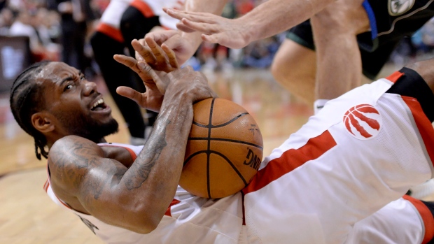 Raptors forward Kawhi Leonard is fouled during Game 6.