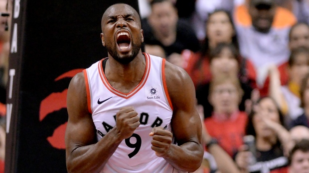 Serge Ibaka celebrates a dunk during Game 6., The Canadian Press Serge Ibaka celebrates a dunk during Game 6.