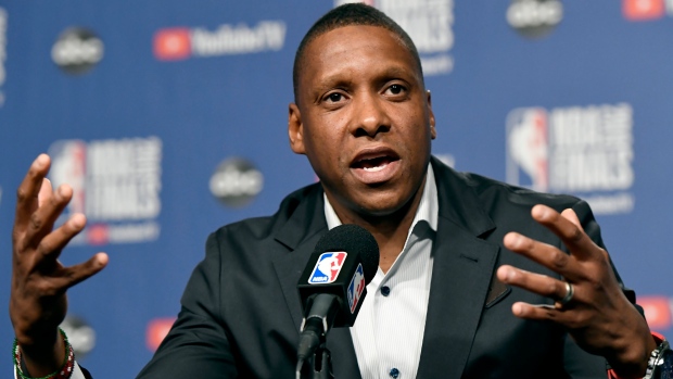 Raptors president Masai Ujiri speaks to reporters on Wednesday.