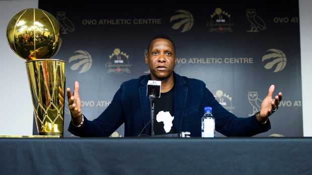 Raptors president Masai Ujiri speaks during Tuesday's year-end press conference.