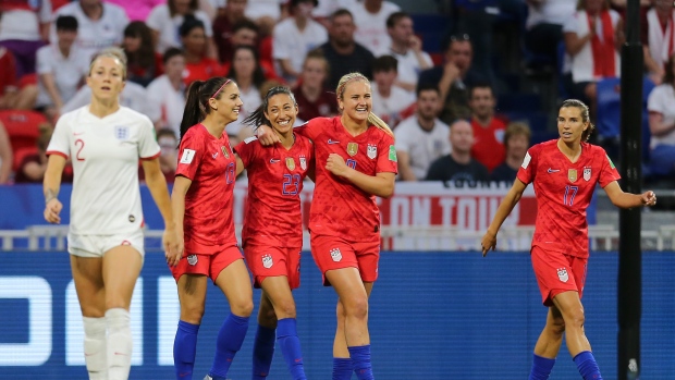 Alex Morgan, USWNT celebrate, Maddie Meyer - FIFA/FIFA via Getty Images Alex Morgan, USWNT celebrate