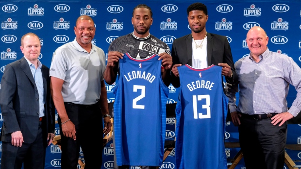 Lawrence Frank Doc Rivers Kawhi Leonard Paul George Steve Ballmer, The Canadian Press Lawrence Frank Doc Rivers Kawhi Leonard Paul George Steve Ballmer