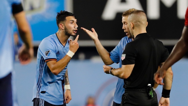 New York City FC's Valentin Castellanos, left, argues with a referee, The Canadian Press New York City FC's Valentin Castellanos, left, argues with a referee
