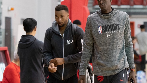 Raptors Norman Powell, left, Pascal Siakam at practice.
