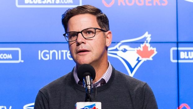 Blue Jays GM Ross Atkins speaks to reporters on Tuesday., The Canadian Press Blue Jays GM Ross Atkins speaks to reporters on Tuesday.