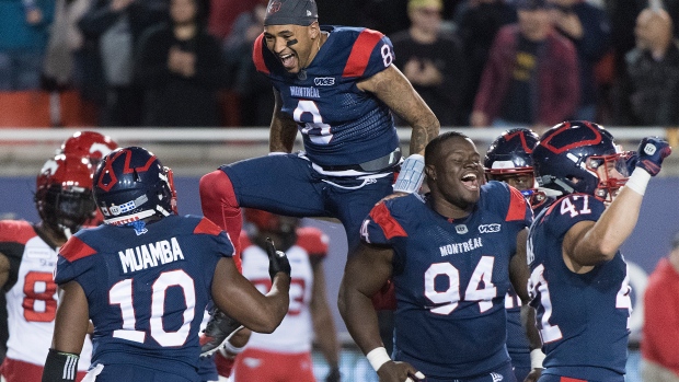 Vernon Adams Jr, Alouettes celebrate, The Canadian Press Vernon Adams Jr, Alouettes celebrate